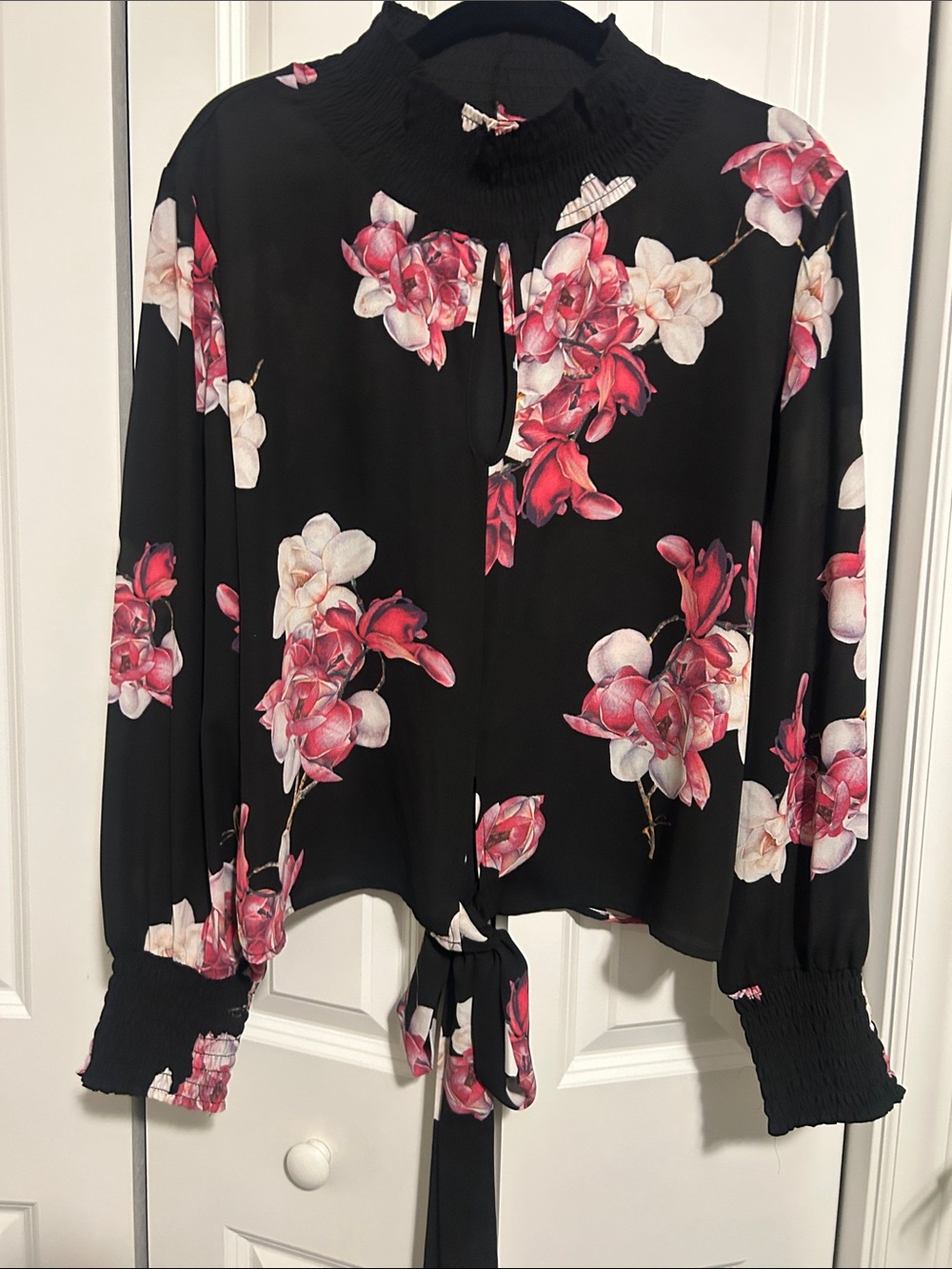 VENUS Black Blouse with Pink & Cream Floral Tie Front